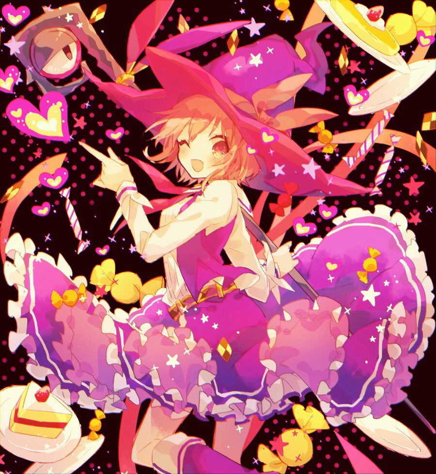 1girl ;d bangs blush boots brown_hair cake cake_slice candy eyebrows_visible_through_hair fang food frilled_skirt frills from_behind fruit hand_up hat heart hibi89 holding holding_staff long_sleeves looking_at_viewer looking_back merc_storia neck_ribbon one_eye_closed open_mouth orange_eyes pancake pink_headwear plate polka_dot polka_dot_background pudding purple_skirt ribbon short_hair skirt smile soiree_(merc_storia) solo staff star_(symbol) strawberry sweets witch_hat