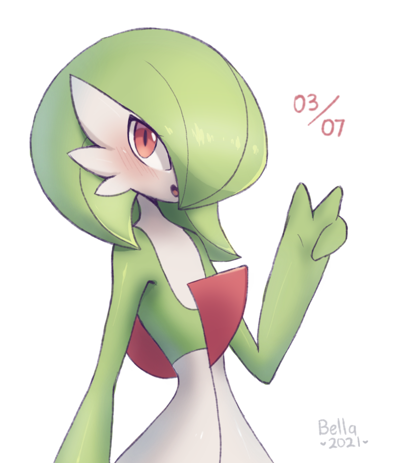 artist_name bellavoirr blush commentary dated english_commentary gardevoir gen_3_pokemon hand_up looking_at_viewer open_mouth orange_eyes pokemon pokemon_(creature) simple_background smile solo tongue v white_background
