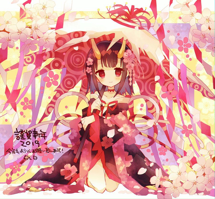 1girl 2019 black_hair blush character_request cherry_blossoms collarbone eyebrows_visible_through_hair flower hair_flower hair_ornament hibi89 holding holding_umbrella horns japanese_clothes kimono kneeling looking_at_viewer merc_storia off_shoulder oni oni_horns red_eyes short_hair skin-covered_horns smile solo umbrella