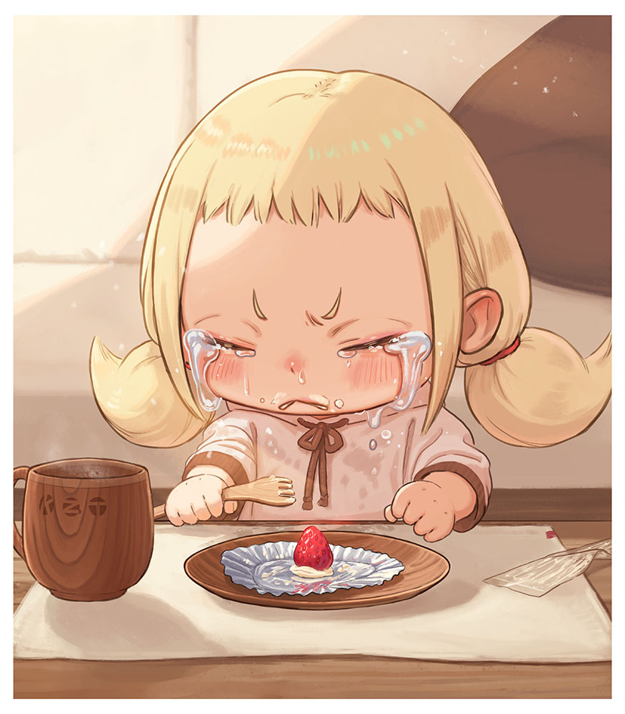 1girl :&lt; blonde_hair blush border brown_neckwear brown_ribbon cake child closed_eyes commentary_request couch crying cup food fork fruit holding holding_fork hood hoodie indoors low_twintails mat medium_hair original parted_lips pillow pink_hoodie ribbon shirt short_bangs sidelocks sleeves_past_elbows solo steam strawberry streaming_tears table tears twintails v-shaped_eyebrows white_border yu_kozato