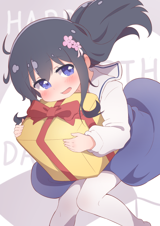 1girl background_text bangs black_hair blue_dress blue_eyes blush box commentary_request dress english_text eyebrows_visible_through_hair feet_out_of_frame floating_hair flower gift grey_background hair_between_eyes hair_flower hair_ornament happy_birthday hatafuta holding holding_box long_hair long_sleeves open_mouth pantyhose pink_flower sailor_collar sailor_dress school_uniform shirosaki_hana shirt solo two-tone_background watashi_ni_tenshi_ga_maiorita! white_background white_legwear white_sailor_collar white_shirt