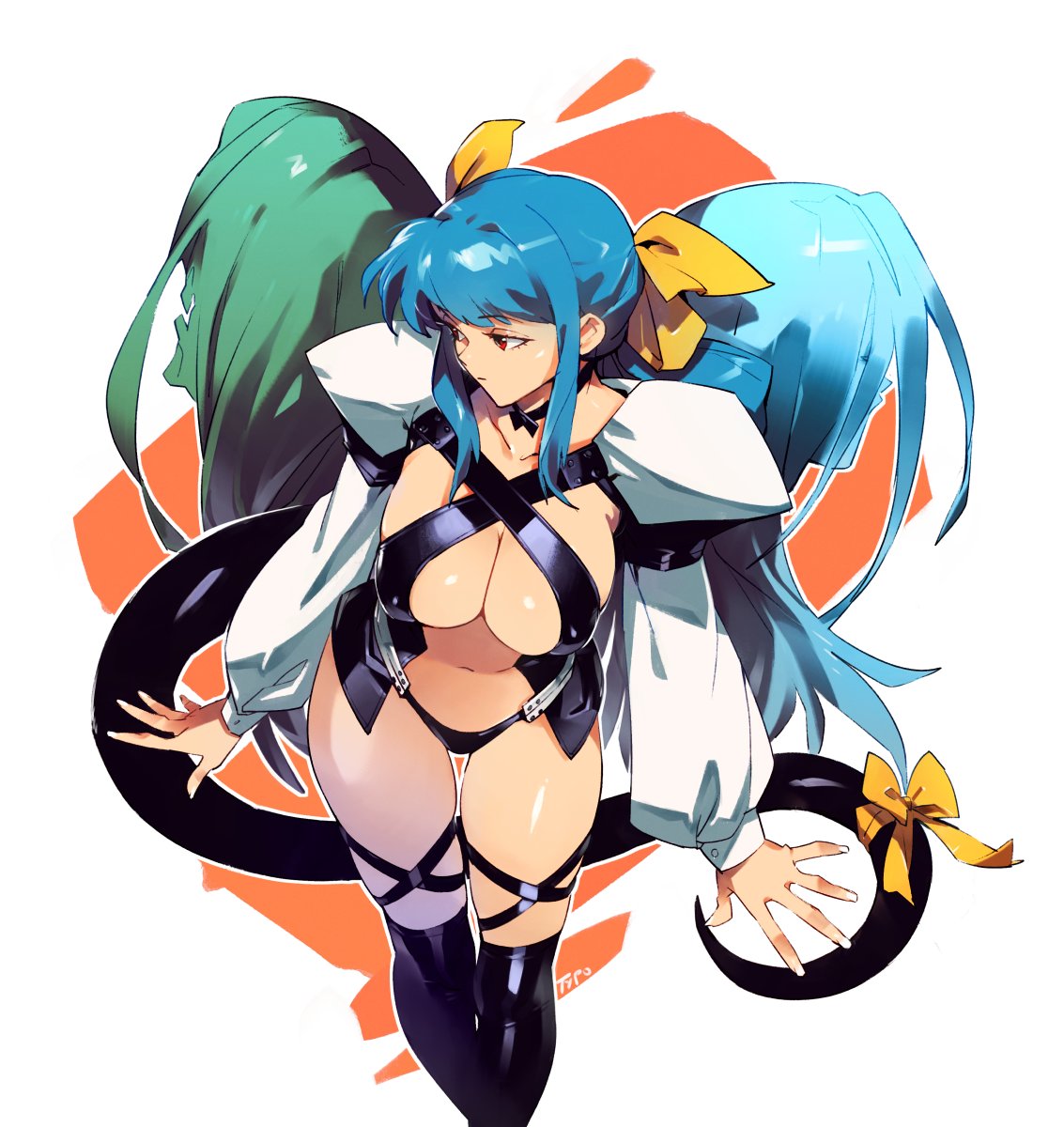 1girl artist_name asymmetrical_hair black_legwear blue_hair breasts closed_mouth dizzy_(guilty_gear) guilty_gear hair_ribbon highres large_breasts long_hair long_sleeves looking_to_the_side navel necro_(guilty_gear) optionaltypo red_eyes ribbon standing tail tail_ornament tail_ribbon thigh-highs undine_(guilty_gear) white_background yellow_ribbon