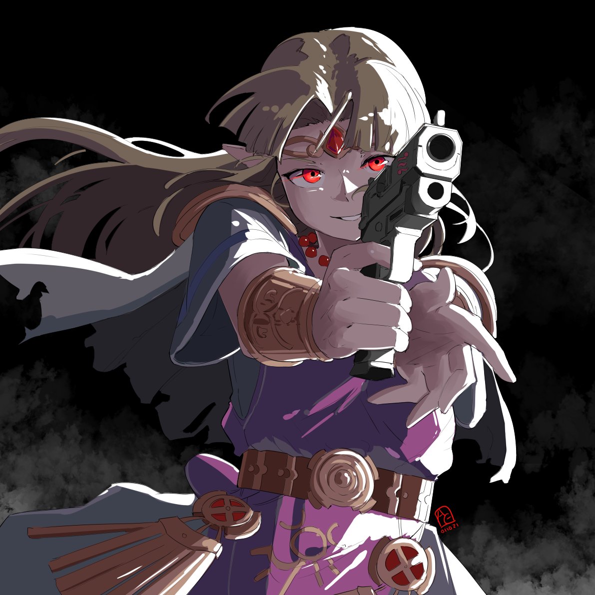 1girl armor automatic_giraffe belt bracelet cape circlet colorized dress english_commentary evil_grin evil_smile finger_on_trigger forehead_jewel grin gun holding holding_gun holding_weapon jewelry light_brown_hair long_hair pauldrons pearl_bracelet pointy_ears princess_zelda purple_dress red_eyes revision shoulder_armor smile solo the_legend_of_zelda the_legend_of_zelda:_a_link_between_worlds time_paradox torn_cape torn_clothes vambraces weapon white_cape