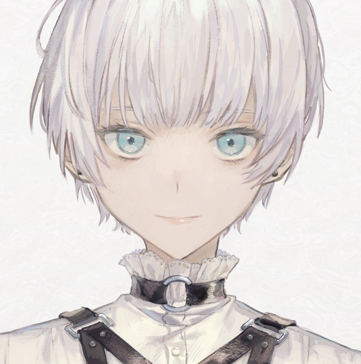 1boy bishounen blue_eyes choker closed_mouth cropped earrings frills grey_background highres jewelry looking_at_viewer male_focus nanaju_ko o-ring o-ring_choker original pink_lips smile solo stud_earrings upper_body white_hair