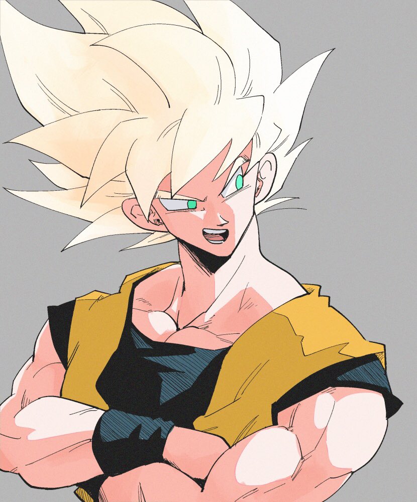 1boy bare_arms blonde_hair commentary_request copyright_request crossed_arms dougi dragon_ball green_eyes grey_background kz_(dbz_kz) looking_away looking_to_the_side male_focus muscular muscular_male no_pupils open_mouth pectorals raised_eyebrow sharp_teeth simple_background sleeveless solo son_goku spiky_hair super_saiyan teeth upper_body wristband