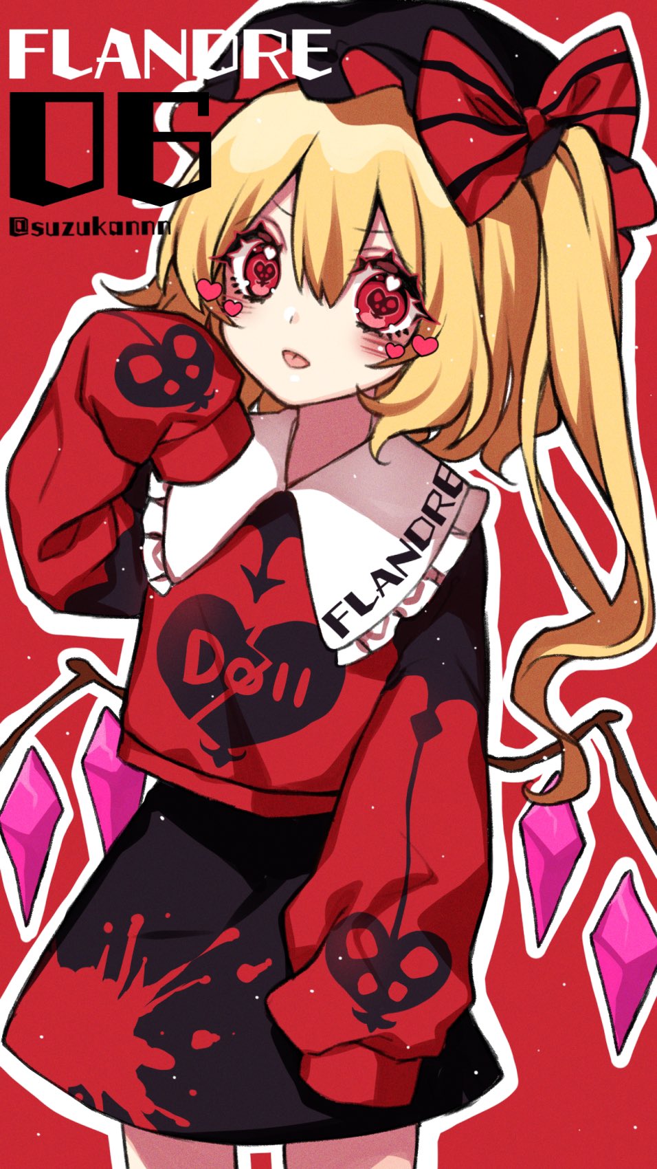 1girl :p alternate_color alternate_costume black_headwear black_skirt blonde_hair blush bow character_name clothes_writing cowboy_shot crystal flandre_scarlet hair_between_eyes hat hat_bow heart highres kyouda_suzuka laevatein long_hair mob_cap red_background red_bow red_eyes red_sweater side_ponytail simple_background skirt sleeves_past_fingers sleeves_past_wrists solo sweater symbol-shaped_pupils tongue tongue_out touhou twitter_username wings