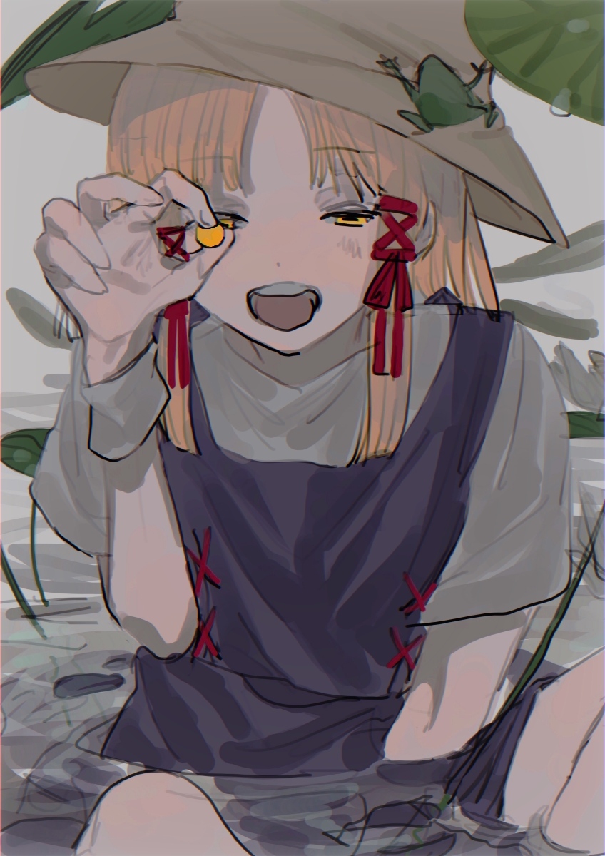 1girl :d blonde_hair brown_headwear gotagotay half-closed_eyes hand_over_eye hat highres holding long_hair looking_down moriya_suwako open_mouth smile solo touhou yellow_eyes