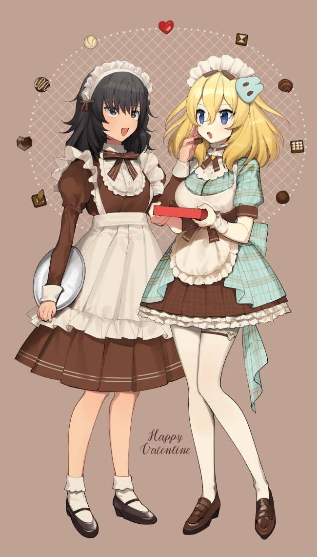 2girls andou_(girls_und_panzer) apron bangs black_footwear black_hair black_neckwear blonde_hair blue_dress blue_eyes bobby_socks brown_dress brown_eyes chocolate commentary dark_skin dress eating english_commentary english_text food frilled_cuffs frilled_dress frills girls_und_panzer grey_background happy_valentine holding holding_food holding_tray juliet_sleeves loafers long_sleeves looking_at_another maid_apron maid_headdress mary_janes medium_dress medium_hair messy_hair multiple_girls neck_ribbon open_mouth oshida_(girls_und_panzer) pantyhose pleated_dress puffy_short_sleeves puffy_sleeves ribbon shoes short_dress short_sleeves simple_background smile socks standing tan3charge tray two-tone_dress valentine white_apron white_legwear