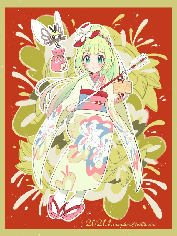 1girl arrow_(projectile) artist_name bangs blonde_hair blush border closed_mouth commentary_request dated eyelashes floral_print flower full_body gen_7_pokemon green_eyes hair_flower hair_ornament holding holding_arrow japanese_clothes kimono kokoroko lillie_(pokemon) looking_at_viewer outline pokemon pokemon_(creature) pokemon_(game) pokemon_masters_ex pouch ribombee sash smile socks white_legwear wide_sleeves