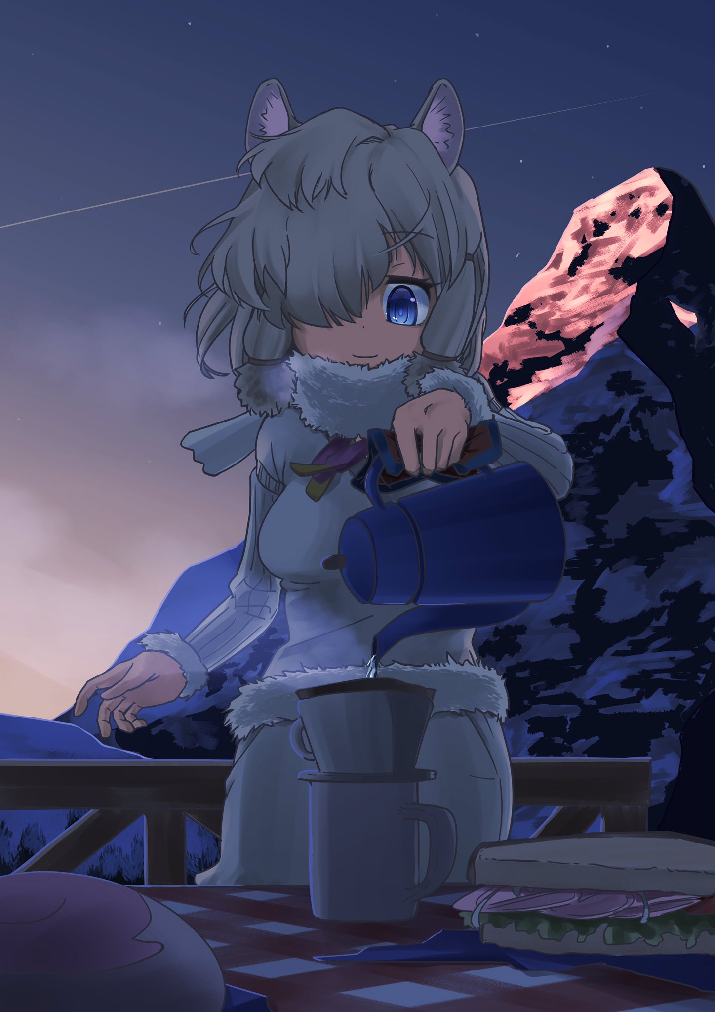 1girl 910m27r alpaca_girl alpaca_suri_(kemono_friends) blue_eyes commentary_request cup food fur_collar fur_trim hair_bun hair_over_one_eye hair_tubes highres japari_bun kemono_friends long_sleeves morning mountain mug pouring sandwich shooting_star short_hair shorts solo star_(sky) sweater table tablecloth white_fur white_hair white_shorts white_sweater