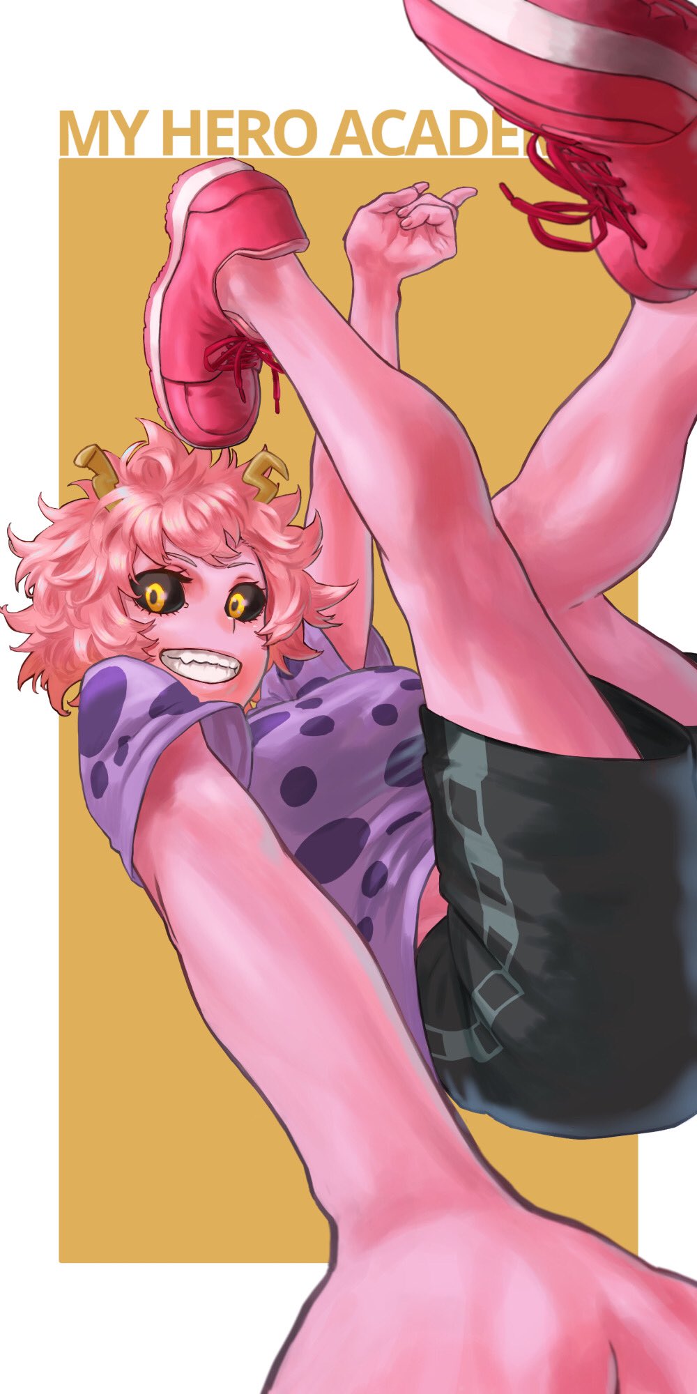 1girl 4o080_yotabnc ashido_mina black_sclera black_shorts boku_no_hero_academia breakdance colored_sclera colored_skin commentary_request highres horns legs_up pink_footwear pink_hair pink_skin purple_shirt shirt shoes short_hair shorts smile sneakers solo teeth two-tone_background white_background yellow_background yellow_eyes