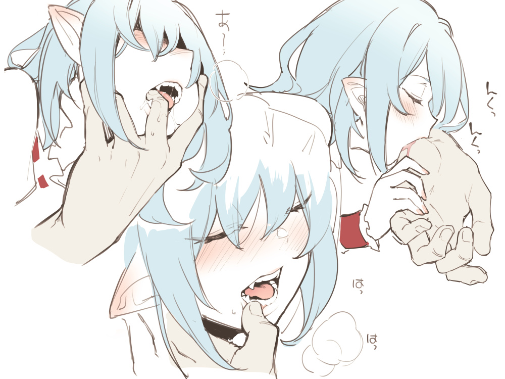 1girl asutora biting blood blue_hair blush closed_eyes commentary_request eyes_visible_through_hair fangs finger_in_another's_mouth hands hetero open_mouth pointy_ears remilia_scarlet saliva short_hair simple_background solo_focus teeth touhou upper_body white_background wrist_cuffs