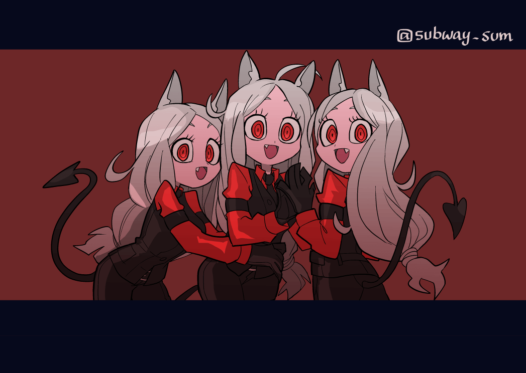 3girls :d animal_ears arm_garter black_gloves black_neckwear black_pants black_vest cerberus_(helltaker) collared_shirt commentary demon_girl demon_tail dog_ears dog_girl fang gloves hands_together helltaker hug hug_from_behind letterboxed long_hair long_sleeves looking_at_viewer low-tied_long_hair multiple_girls necktie open_mouth pants red_background red_eyes red_shirt shirt siblings silver_hair sisters smile subway_sum tail triplets twitter_username vest waistcoat white_hair