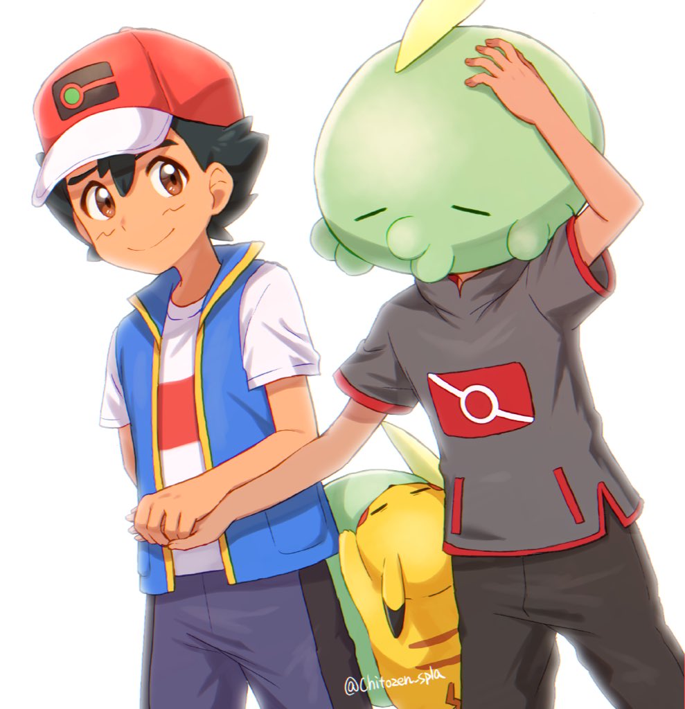 2boys arm_up ash_ketchum bangs baseball_cap black_hair blue_jacket brown_eyes chitozen_(pri_zen) closed_mouth commentary_request gen_1_pokemon gen_3_pokemon goh_(pokemon) gulpin hair_between_eyes hat holding_hand jacket male_focus multiple_boys on_head pants pikachu pokemon pokemon_(anime) pokemon_(creature) pokemon_on_head pokemon_swsh_(anime) shirt short_hair short_sleeves shorts side_slit sleeveless sleeveless_jacket smile t-shirt white_shirt