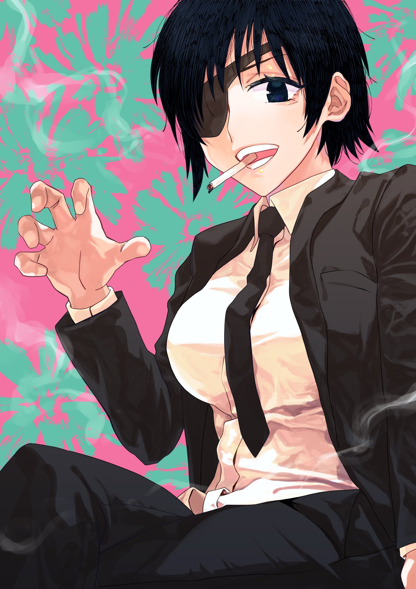 1girl black_neckwear blue_eyes blue_hair chainsaw_man cigarette claw_pose dark_blue_hair eyepatch fingernails floral_background formal highres himeno_(chainsaw_man) necktie open_mouth otsudou short_hair sitting smile smoke smoking solo suit teeth