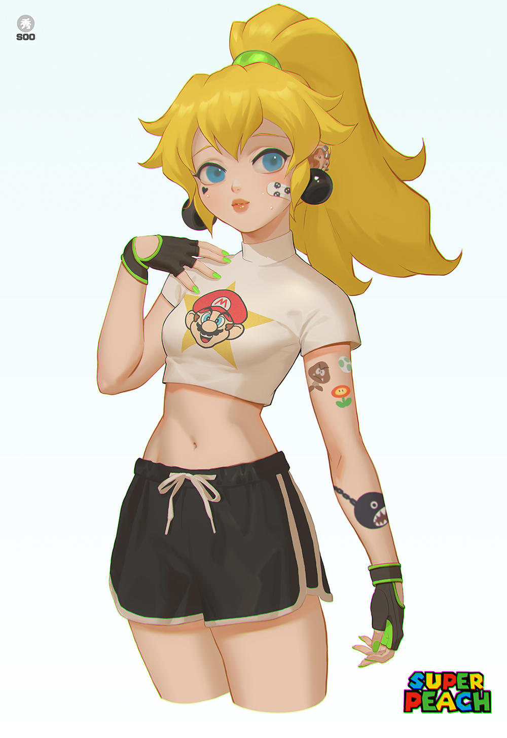 1girl arm_tattoo bandaid bandaid_on_cheek black_gloves black_shorts blonde_hair blue_eyes breasts casual chain_chomp crop_top cropped_legs ear_clip earrings egg english_commentary fingerless_gloves fingernails fire_flower gloves goomba green_nails green_scrunchie hair_ornament hair_scrunchie heart heart_tattoo high_ponytail highres jewelry lips long_hair mario super_mario_bros. midriff multiple_piercings nail_polish navel princess_peach scrunchie shirt shorts small_breasts solo super_mario_bros. suyoun_kang sweat symbol_commentary t-shirt tattoo toned