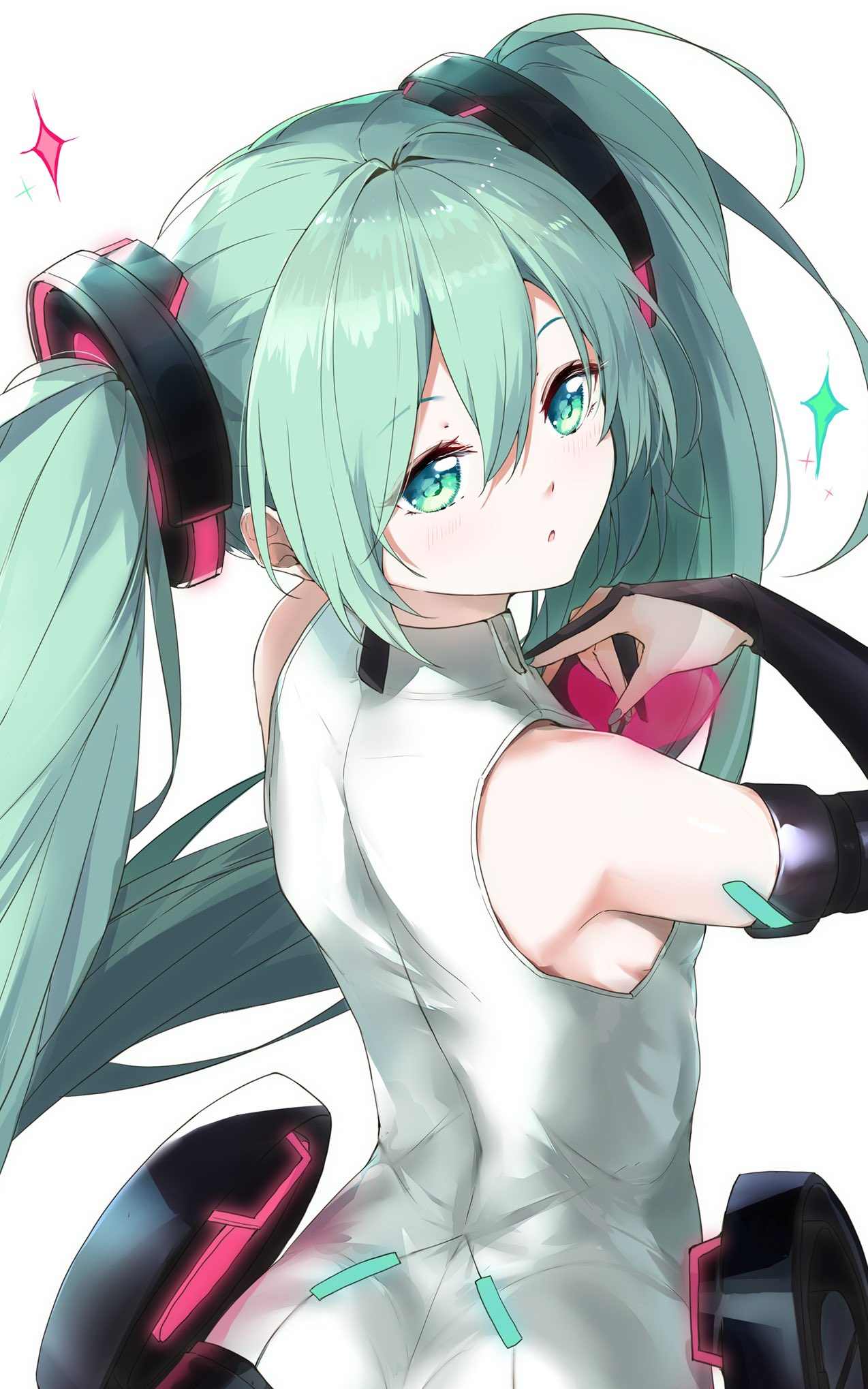 1girl aqua_eyes aqua_hair aqua_nails asahi_kuroi bangs bare_shoulders black_gloves breasts bridal_gauntlets commentary from_behind gloves hair_ornament hand_on_own_chest hand_up hatsune_miku highres hip_ornament long_hair looking_at_viewer looking_back miku_append nail_polish shirt sideboob sleeveless sleeveless_shirt small_breasts solo sparkle twintails upper_body very_long_hair vocaloid vocaloid_append white_background white_shirt