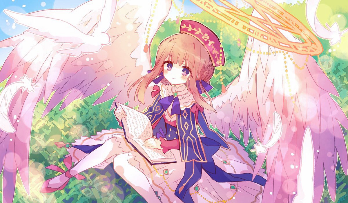 1girl angel_wings ankle_ribbon bangs bird blush book brown_hair character_request dove dress eyebrows_visible_through_hair feathered_wings feathers frilled_skirt frills halo hat hibi89 holding holding_book lens_flare long_hair long_sleeves looking_at_viewer merc_storia open_book pantyhose red_footwear red_headwear ribbon sitting skirt solo twintails violet_eyes white_legwear white_skirt white_wings wings