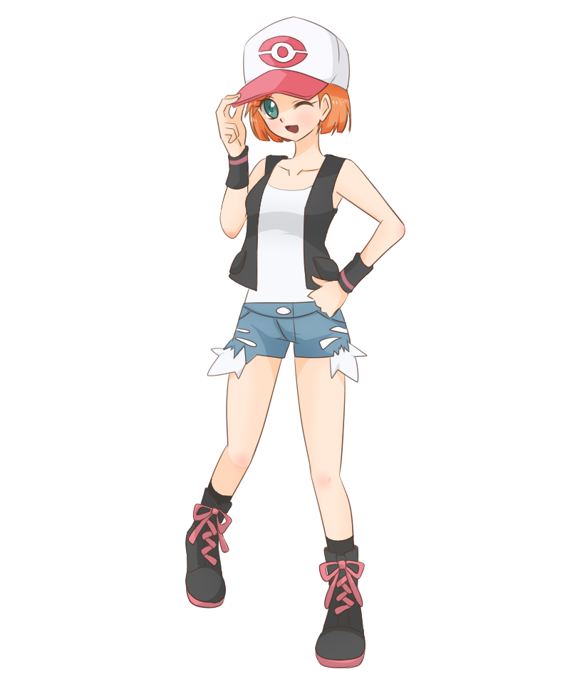 1girl ;d aqua_eyes baseball_cap black_vest black_wristband boots breasts brown_footwear cosplay full_body hat hilda_(pokemon) hilda_(pokemon)_(cosplay) holding holding_clothes holding_hat long_hair looking_at_viewer misty_(pokemon) neko19920311 one_eye_closed open_mouth orange_hair pokemon pokemon_(anime) pokemon_(classic_anime) pokemon_(game) pokemon_bw shirt short_shorts shorts sidelocks simple_background smile solo vest white_background white_shirt