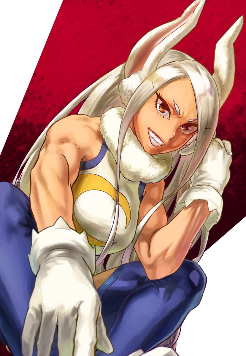 1girl 4o080_yotabnc animal_ears boku_no_hero_academia commentary_request dark_skin dark-skinned_female gloves highres long_hair mirko rabbit_ears rabbit_girl red_background red_eyes smile solo teeth thigh-highs toned two-tone_background very_long_hair white_background white_gloves white_hair