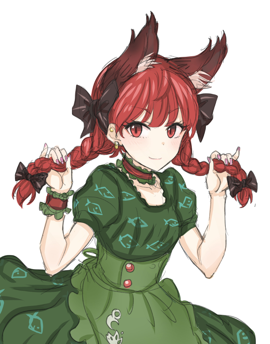 1girl adapted_costume animal_ear_fluff animal_ears apron bangs black_bow bow braid breasts cat_ears choker closed_mouth collarbone commentary_request dress ear_piercing earrings extra_ears eyebrows_visible_through_hair frills goto_tsukasa green_apron green_dress hair_bow hair_ribbon hands_up holding holding_hair jewelry kaenbyou_rin light_blush long_hair looking_at_viewer nail_polish piercing pink_nails puffy_short_sleeves puffy_sleeves red_choker red_eyes redhead ribbon short_sleeves simple_background sketch slit_pupils small_breasts smile solo touhou tress_ribbon twin_braids twintails v-shaped_eyebrows white_background wrist_cuffs