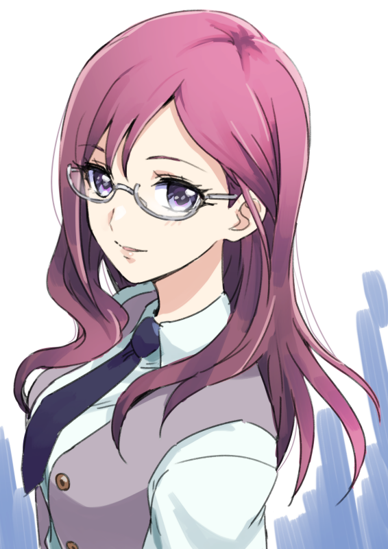 1girl commentary_request eyelashes glasses happy idolmaster idolmaster_cinderella_girls idolmaster_cinderella_girls_starlight_stage looking_at_viewer necktie pink_hair shirt sketch smile solo tsukikage_oyama violet_eyes white_shirt yagami_makino