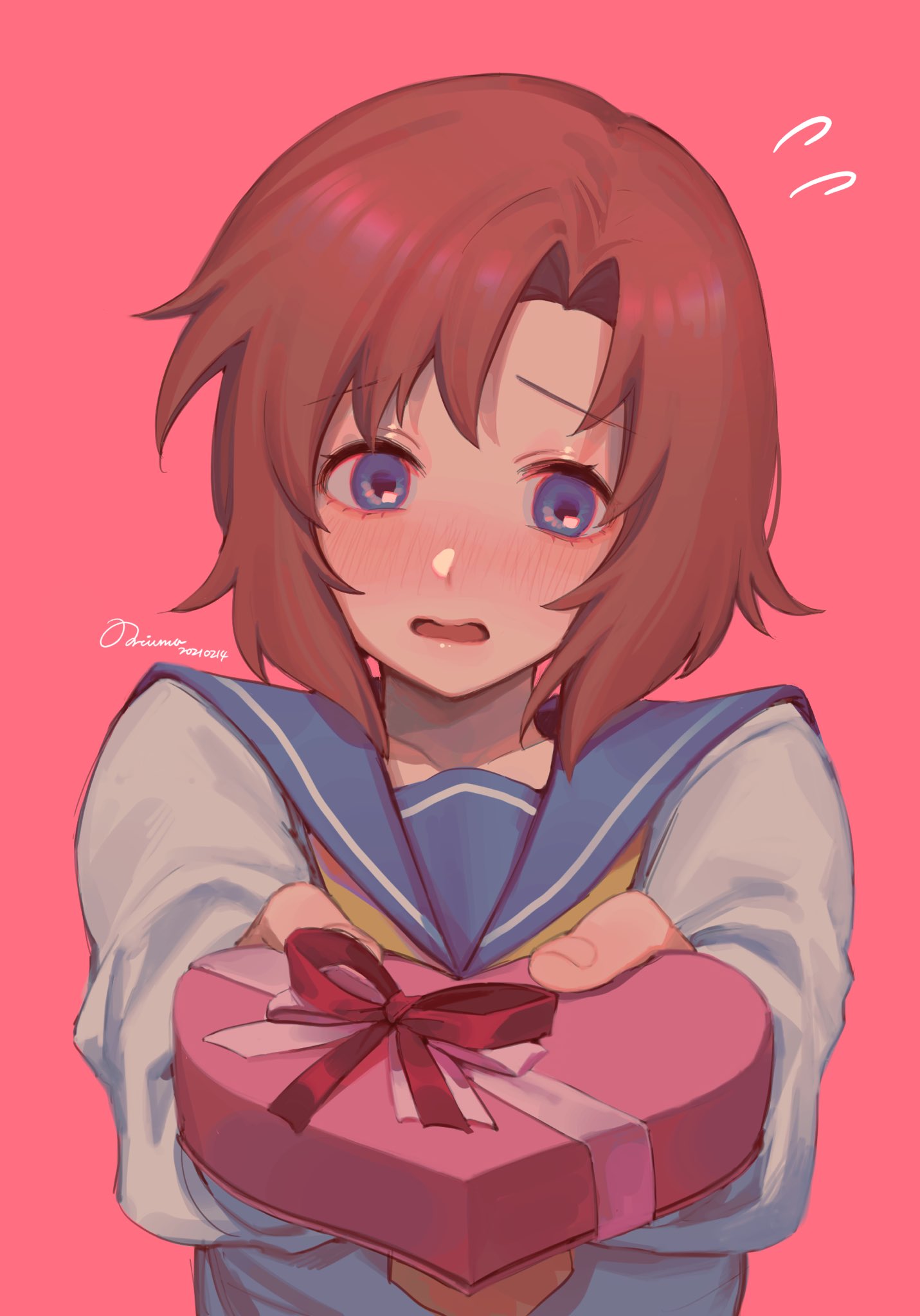 1girl blue_eyes blue_sailor_collar blush box dated eyebrows_visible_through_hair flying_sweatdrops gift giving heart-shaped_box highres higurashi_no_naku_koro_ni holding holding_box holding_gift incoming_gift long_sleeves neckerchief noriuma open_mouth orange_hair pink_background ryuuguu_rena sailor_collar sailor_shirt school_uniform shirt signature simple_background solo upper_body valentine white_shirt yellow_neckwear