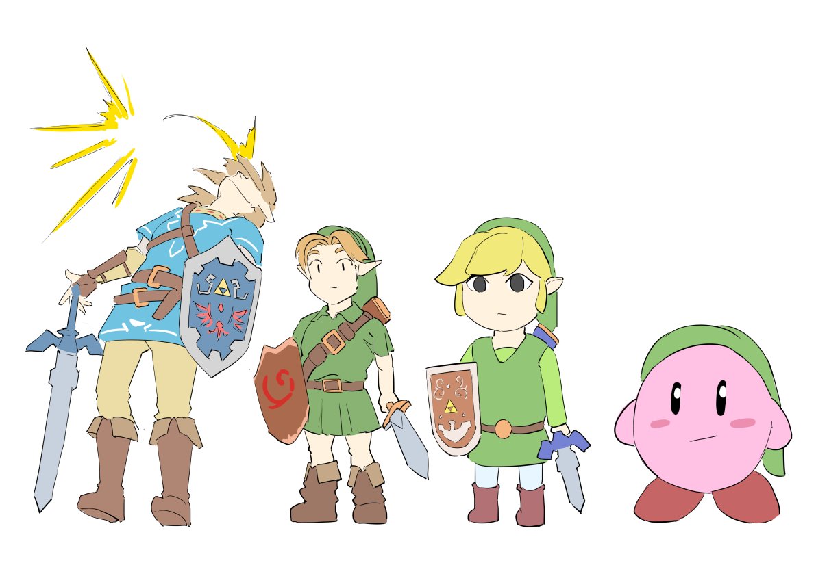 4boys automatic_giraffe belt black_eyes blonde_hair blue_tunic blush_stickers boots brown_footwear brown_hair cosplay expressionless green_headwear green_tunic harness headshot holding holding_shield holding_sword holding_weapon in_the_face kirby kirby_(series) knee_boots left-handed leggings link link_(cosplay) low_ponytail master_sword medium_hair multiple_belts multiple_boys multiple_persona odd_one_out pointy_ears scabbard sheath shield short_hair speech_bubble super_smash_bros. sword the_legend_of_zelda the_legend_of_zelda:_breath_of_the_wild the_legend_of_zelda:_ocarina_of_time the_legend_of_zelda:_the_wind_waker time_paradox toon_link weapon young_link