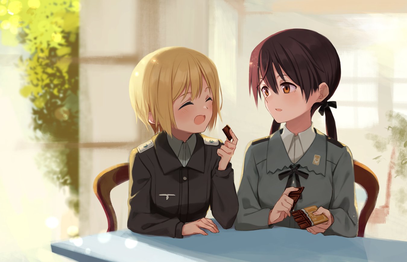 2girls bangs black_jacket black_ribbon blonde_hair brown_eyes brown_hair candy chair chocolate chocolate_bar closed_eyes day dress_shirt epaulettes erica_hartmann facing_another food gertrud_barkhorn grey_jacket grey_shirt hair_ribbon holding holding_food jacket kodamari long_sleeves looking_at_another low_twintails medium_hair military military_uniform multiple_girls open_mouth outdoors ribbon sharing_food shirt short_hair sitting smile strike_witches table twintails uniform white_shirt wing_collar world_witches_series