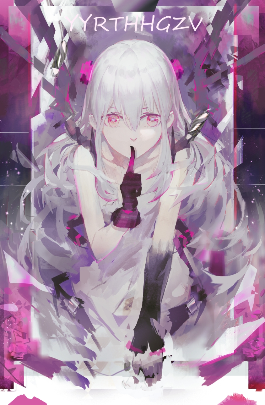1girl asymmetrical_arms bangs collarbone dress finger_to_mouth gloves gradient_skin hair_between_eyes hair_ornament highres long_hair looking_at_viewer original pink_eyes shatter shoulder_spikes solo spikes upper_body white_hair zeixique