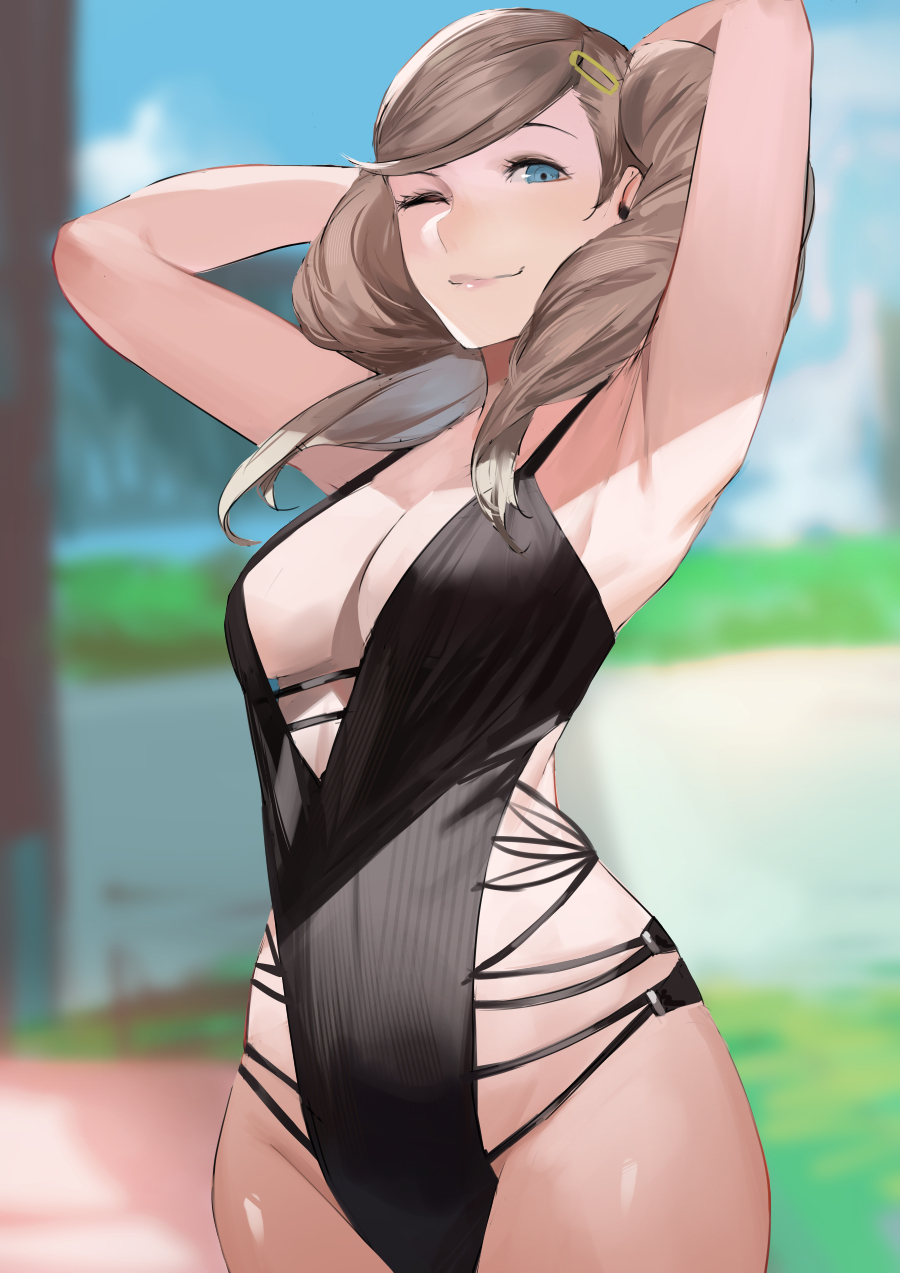 1girl arched_back armpits arms_up bangs black_swimsuit blazpu blonde_hair blue_eyes blurry blurry_background breasts casual_one-piece_swimsuit cleavage_cutout closed_mouth clothing_cutout commission cowboy_shot english_commentary hair_ornament hairclip highleg highleg_swimsuit highres looking_at_viewer medium_breasts one-piece_swimsuit one_eye_closed persona persona_5 shadow shiny shiny_skin sideboob smile solo swept_bangs swimsuit takamaki_anne thighs twintails