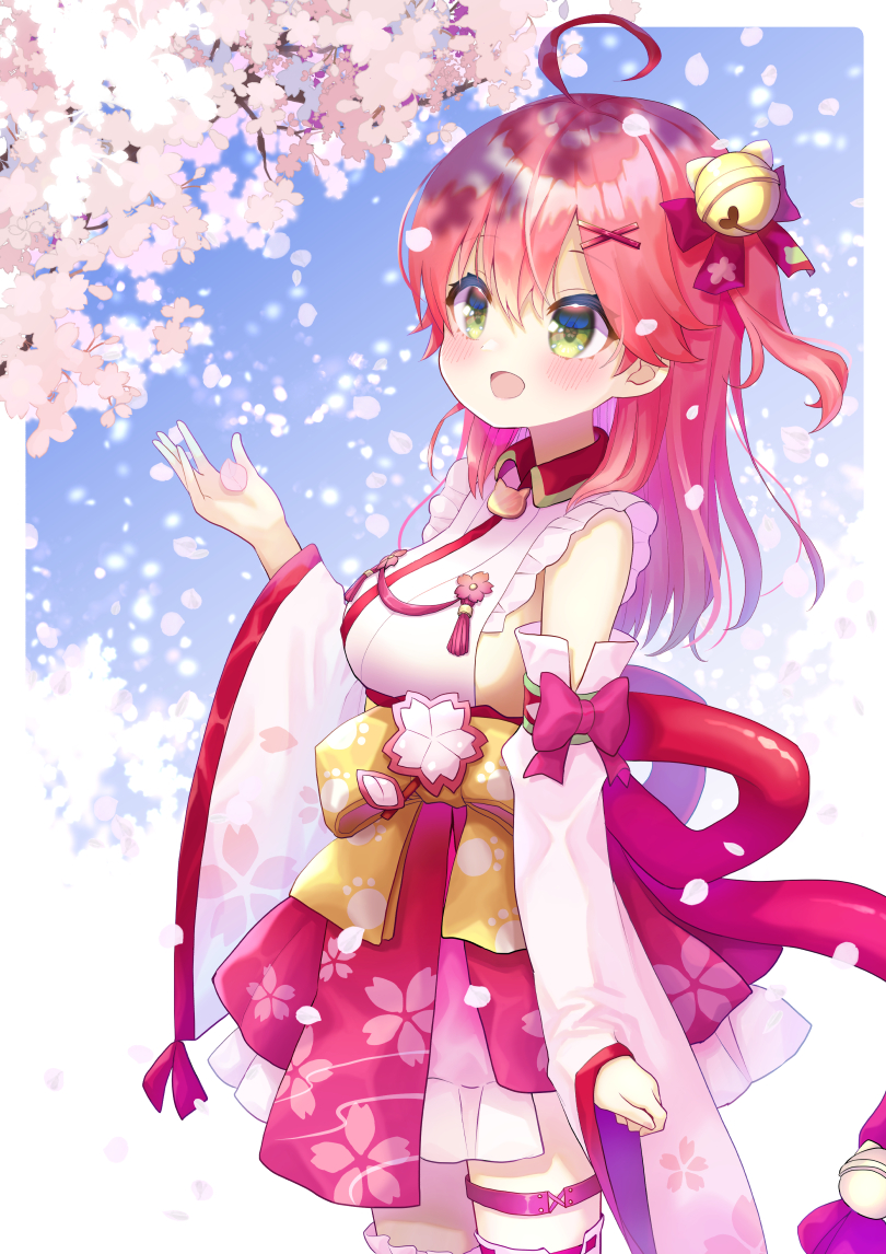 1girl ahoge bell blush cherry_blossom_print cherry_blossoms chocomarybadend detached_sleeves floral_print green_eyes hair_bell hair_ornament hairclip hololive open_mouth paw_print_pattern petals pink_hair sakura_miko solo virtual_youtuber x_hair_ornament