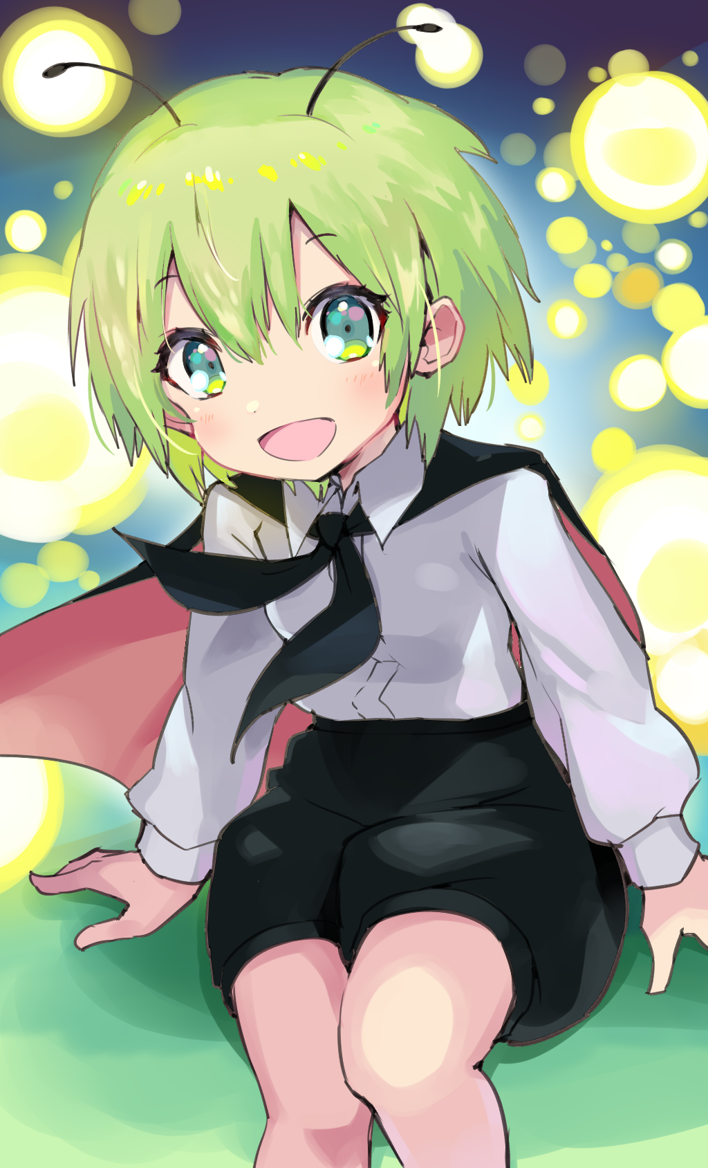 1girl :d antennae aqua_eyes arm_support bangs black_cape black_shorts blue_background breasts cape commentary_request danmaku dpinkycandy eyebrows_visible_through_hair feet_out_of_frame gradient gradient_background green_hair hair_between_eyes highres light_blush long_sleeves looking_at_viewer open_mouth shirt short_hair shorts sitting small_breasts smile solo touhou white_shirt wriggle_nightbug