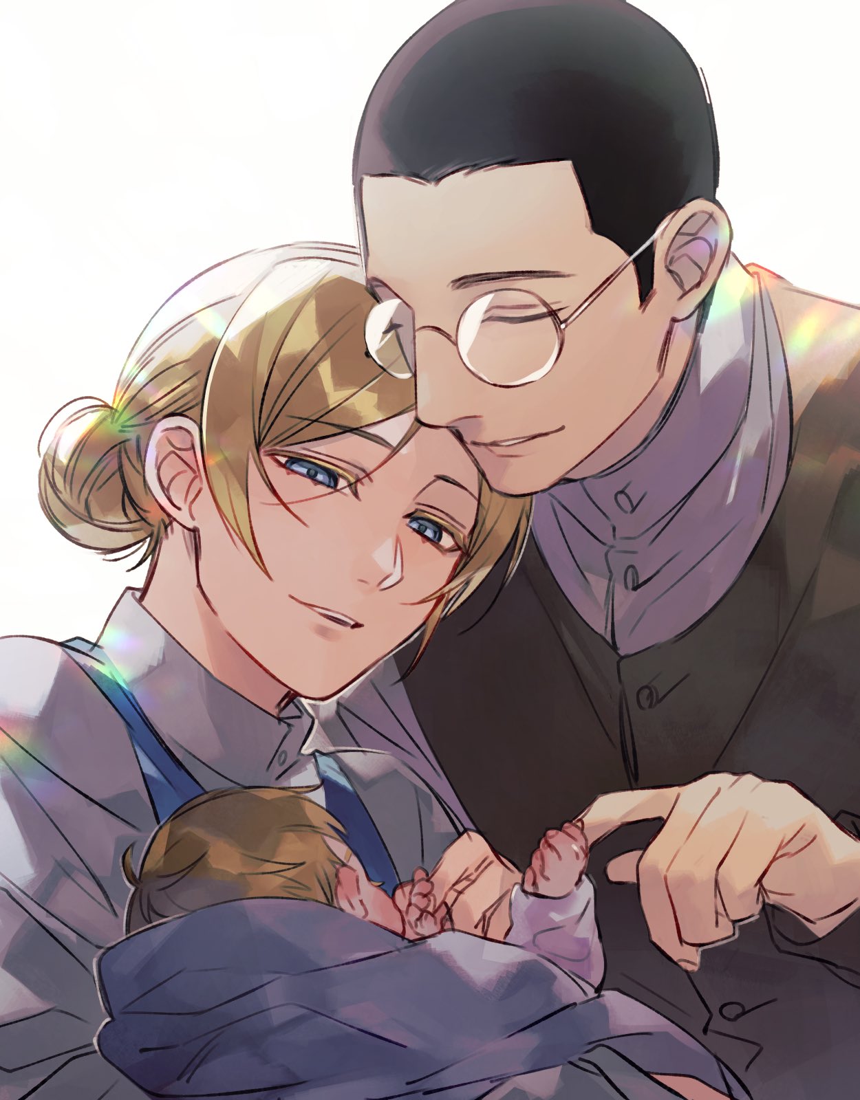 1boy 2girls baby black_hair blue_eyes brown_hair buzz_cut closed_eyes family golden_kamuy hasegawa_fina hasegawa_kouichi hasegawa_olga highres holding_baby long_sleeves multiple_girls oziozi_kamuy short_hair simple_background upper_body very_short_hair white_background