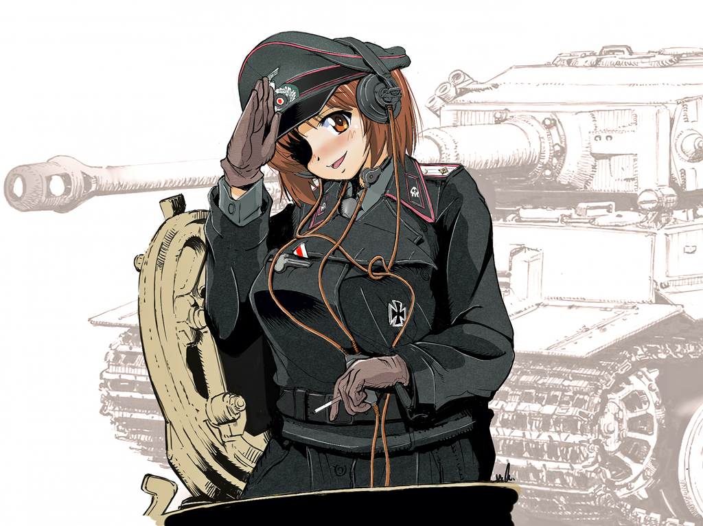 1girl bangs black_jacket black_pants blush brown_eyes brown_gloves brown_hair cigarette crossover dress_shirt epaulettes eyepatch girls_und_panzer gloves grey_headwear grey_neckwear grey_shirt ground_vehicle hat headphones holding holding_cigarette insignia iron_cross jacket kurokishi_monogatari long_sleeves looking_at_viewer military military_vehicle monochrome_background motor_vehicle nakamura_3sou necktie nishizumi_miho open_mouth pants peaked_cap shirt short_hair smile tank tank_cupola throat_microphone tiger_i wing_collar