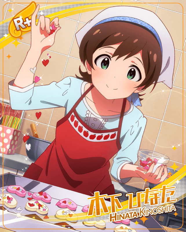 apron blush brown_hair character_name dress green_eyes idolmaster_million_live!_theater_days kinoshita_hinata short_hair smile