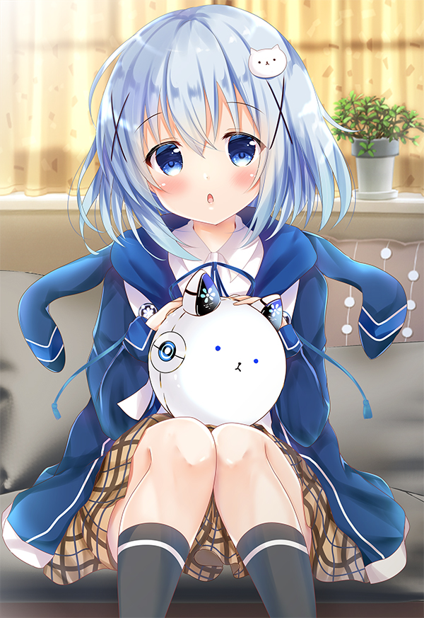 1girl alternate_costume alternate_hairstyle black_legwear blue_eyes blue_hair blush clockwork_rabbit curtains gochuumon_wa_usagi_desu_ka? hair_ornament kafuu_chino kneehighs miniskirt open_mouth rikatan school_uniform short_hair sitting skirt solo x_hair_ornament