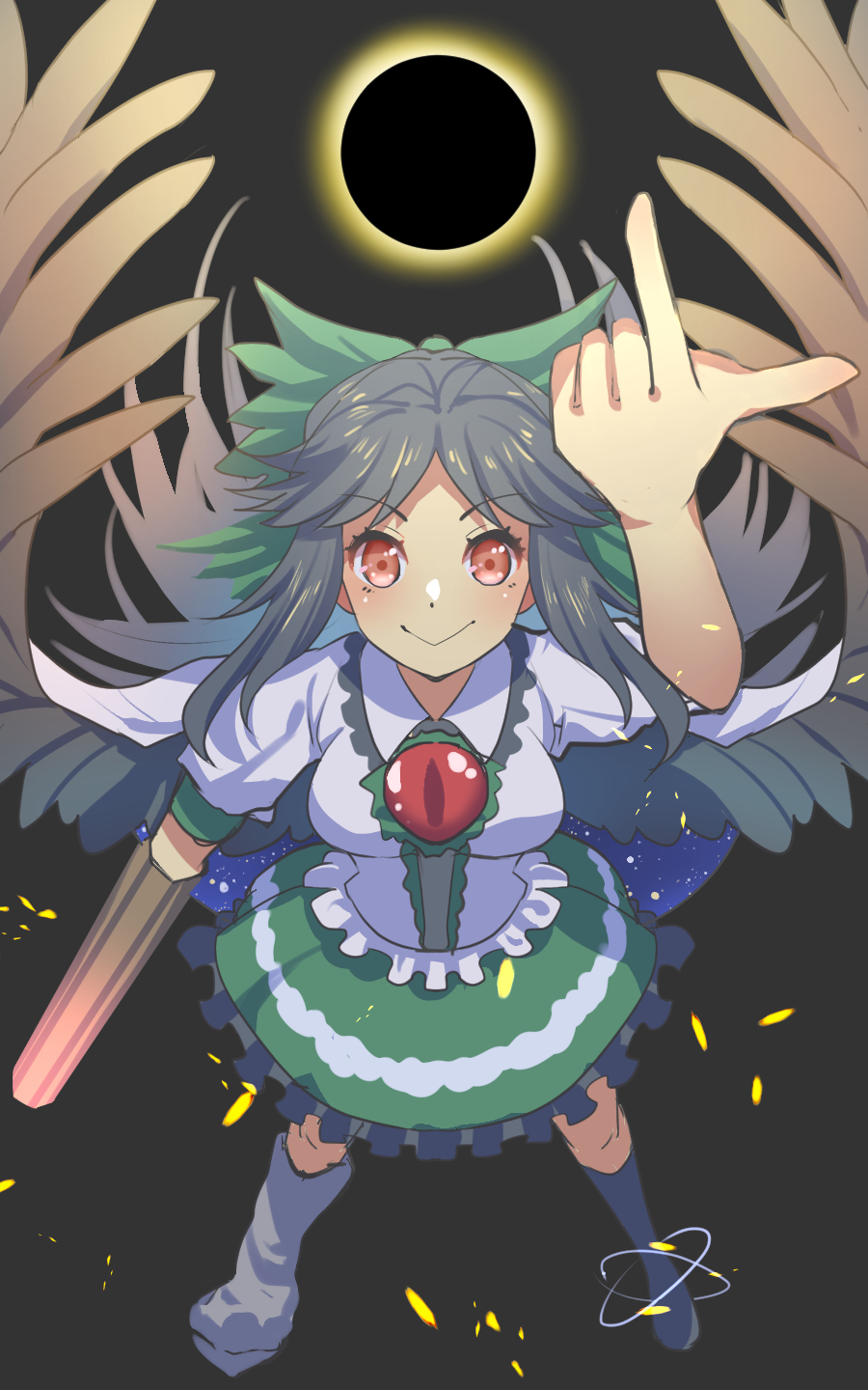 1girl :&gt; arm_cannon asymmetrical_footwear atom bangs bird_wings black_hair black_legwear black_sun black_wings bow breasts cape center_frills closed_mouth collared_shirt commentary_request control_rod eyebrows_visible_through_hair frilled_shirt_collar frilled_skirt frills full_body green_bow green_skirt grey_background hair_bow highres kneehighs large_breasts long_hair looking_at_viewer mismatched_footwear nayozane_(worker7) pointing pointing_up puffy_short_sleeves puffy_sleeves red_eyes reiuji_utsuho shirt shoes short_sleeves simple_background single_shoe skirt smile solo starry_sky_print sun third_eye touhou weapon white_cape white_shirt wings