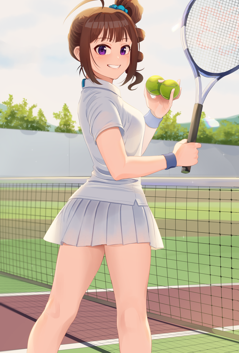 1girl ahoge backlighting ball bangs blue_scrunchie bra_through_clothes breasts brown_hair collared_shirt commentary_request day drill_hair eyebrows_visible_through_hair feet_out_of_frame from_behind grin hair_ornament hair_scrunchie hand_up holding holding_ball holding_racket idolmaster idolmaster_million_live! kamille_(vcx68) kneepits light_blush looking_at_viewer looking_back medium_breasts miniskirt outdoors pleated_skirt racket scrunchie shiny shiny_hair shirt short_hair short_sleeves side_ponytail sidelocks skirt smile solo sparkle sportswear standing sweatband tennis_ball tennis_court tennis_net tennis_racket tennis_uniform tree violet_eyes white_shirt white_skirt wristband yokoyama_nao