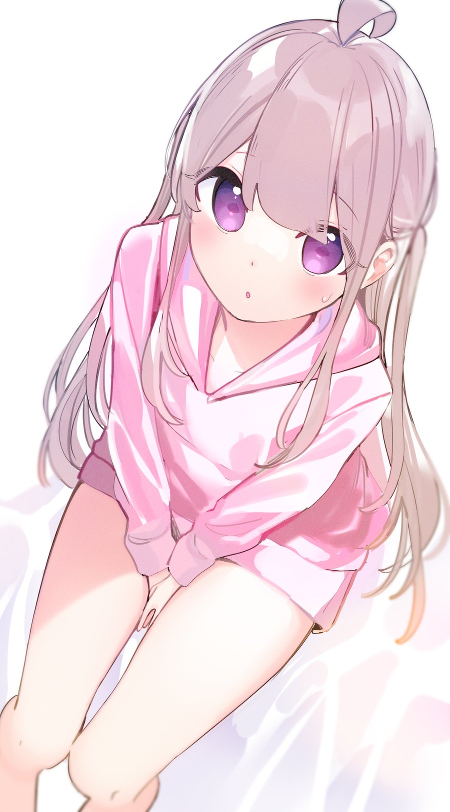 1girl :o ahoge bangs between_legs blush brown_hair chikuwa. commentary_request eyebrows_visible_through_hair feet_out_of_frame from_above hair_between_eyes hand_between_legs highres hood hood_down hoodie long_hair long_sleeves looking_at_viewer looking_up original parted_lips pink_hoodie sitting solo sweat two_side_up very_long_hair violet_eyes white_background