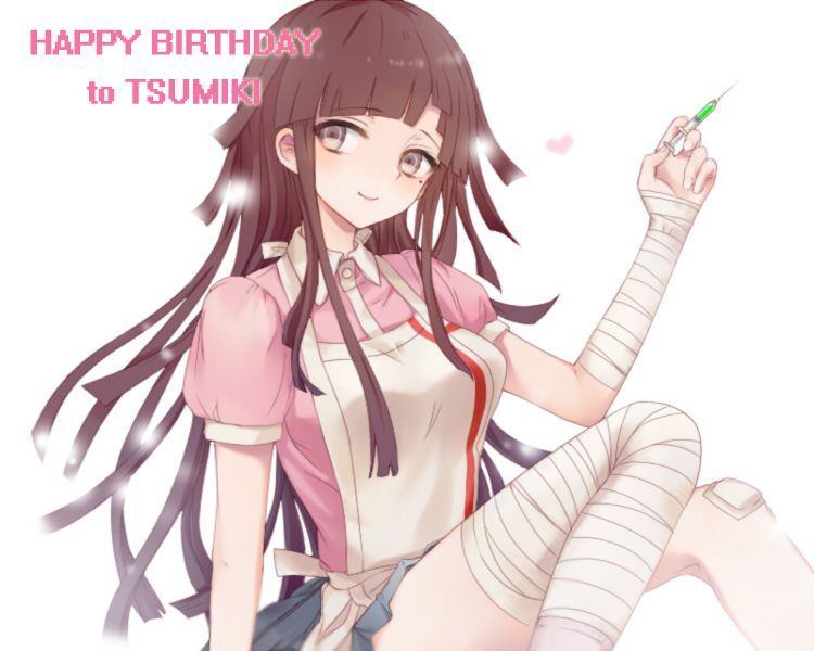 1girl apron bandaged_arm bandaged_leg bandages bandaid bangs blue_skirt blunt_bangs blush bow breasts commentary_request dangan_ronpa_(series) dangan_ronpa_2:_goodbye_despair hand_up happy_birthday holding holding_syringe long_hair looking_at_viewer medium_breasts mole mole_under_eye nurse open_mouth pink_shirt puffy_short_sleeves puffy_sleeves purple_hair shirt short_sleeves simple_background sitting skirt smile solo syringe tsumiki_mikan white_background xsinon