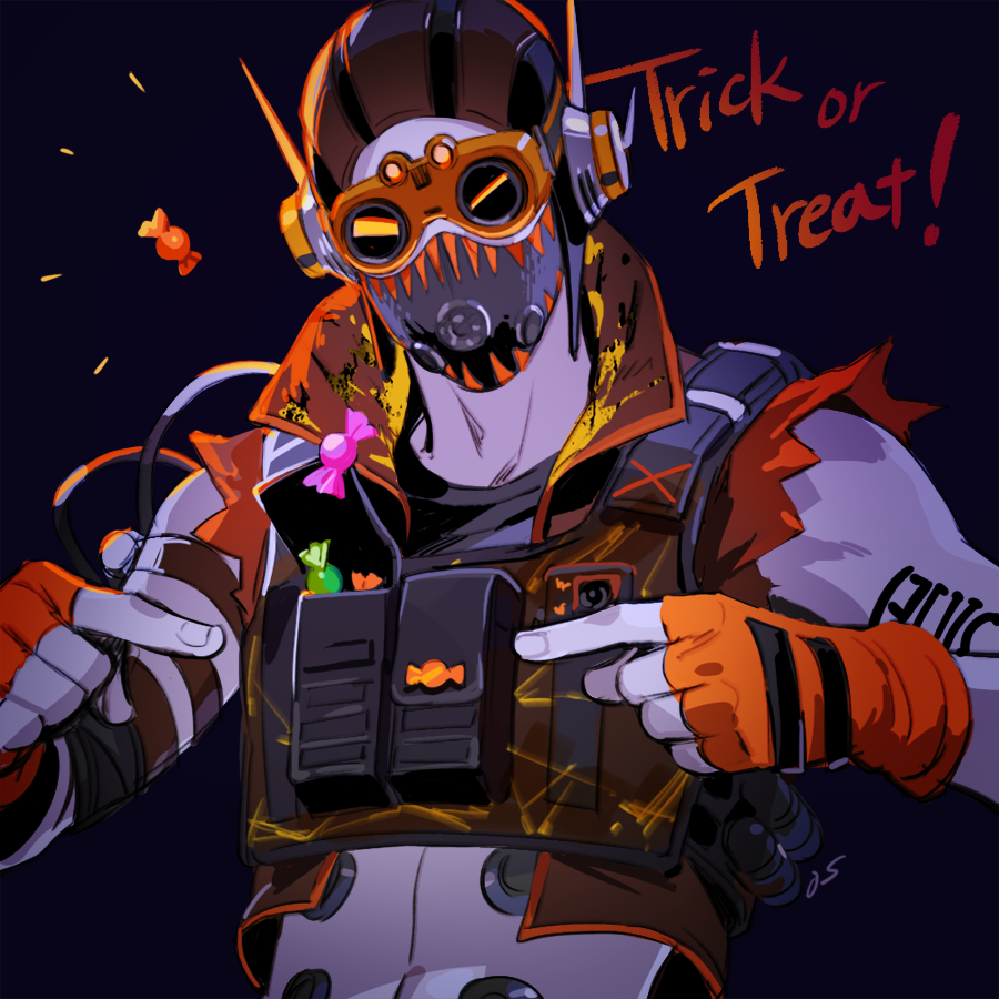 1boy apex_legends black_background black_headwear black_shirt candy cropped_shirt cropped_vest fingerless_gloves food gloves goggles iwamoto_zerogo looking_at_viewer mask mouth_mask navel octane_(apex_legends) orange_eyes orange_gloves orange_vest pointing shirt solo trick_or_treat upper_body vest
