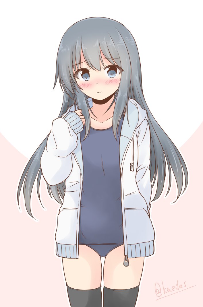 1girl asashio_(kancolle) black_hair black_legwear blue_eyes blue_jacket blue_swimsuit blush collarbone covered_navel embarrassed eyebrows_visible_through_hair flat_chest hair_between_eyes icesherbet jacket kantai_collection long_hair long_sleeves old_school_swimsuit one-piece_swimsuit open_clothes open_jacket pink_background school_swimsuit solo swimsuit swimsuit_under_clothes thigh-highs twitter_username two-tone_background white_background zipper