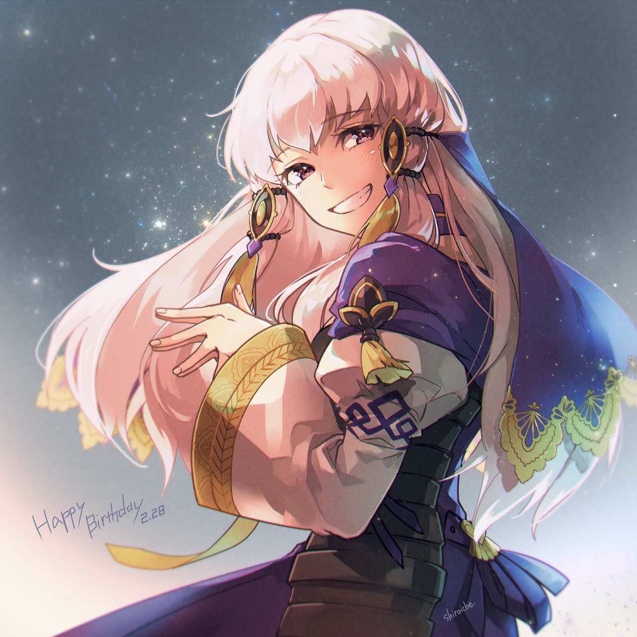 1girl bangs birthday blue_background dress eyebrows_visible_through_hair fingernails fire_emblem fire_emblem:_three_houses gradient gradient_background grin hair_between_eyes hair_ornament hands_together highres long_hair long_sleeves lysithea_von_ordelia pink_eyes purple_dress shiroi_(shiroicbe) smile solo starry_background tassel teeth upper_body white_background white_hair wide_sleeves