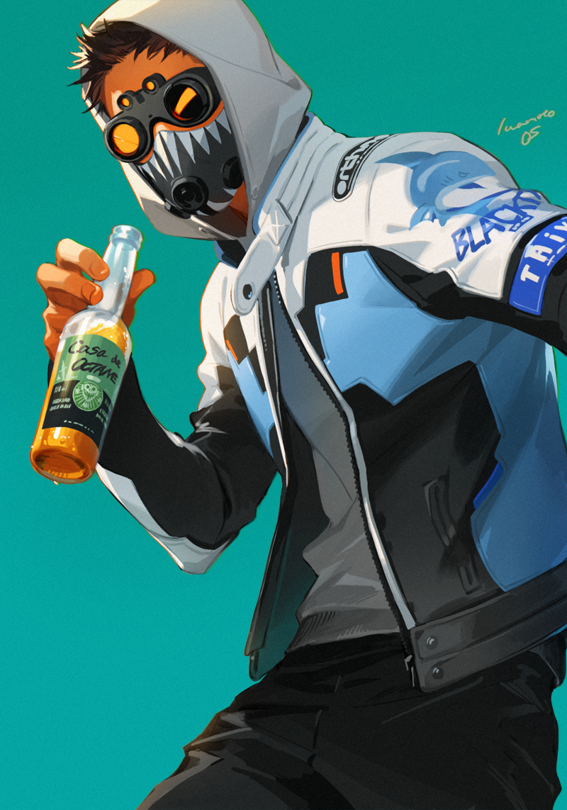 1boy alcohol apex_legends artist_name beer beer_bottle black_pants blue_background bottle brown_hair goggles grey_shirt holding holding_bottle iwamoto_zerogo jacket leaning_forward looking_at_viewer male_focus octane_(apex_legends) pants shirt solo white_hood