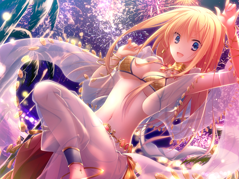 1girl :d aerial_fireworks akira_(139931) anklet arm_up bangs bikini blonde_hair blue_eyes bracelet breasts cape choker city_lights commentary_request cowboy_shot dancer_(ragnarok_online) dutch_angle fireworks gem hair_between_eyes harem_pants jewelry leg_up long_hair looking_at_viewer medium_breasts midriff navel necklace night ocean open_mouth outdoors palm_tree pants purple_sky ragnarok_online red_cape see-through sequins shawl smile solo swimsuit tree waist_cape water white_pants yellow_bikini