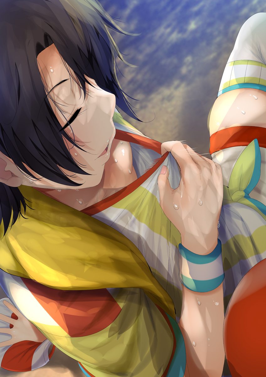 1girl baseball_cap black_hair breasts closed_eyes downblouse fumihiko_(fu_mihi_ko) hat headwear_removed highres hololive oozora_subaru open_mouth shirt short_hair short_sleeves shorts sitting small_breasts soccer_uniform solo sportswear striped striped_shirt sweat sweatband thigh-highs tied_shirt vertical-striped_shirt vertical_stripes virtual_youtuber white_legwear white_shorts yellow_shirt