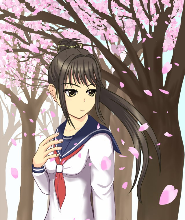 1girl black_hair cherry_blossoms cowboy_shot falling_petals hair_intakes high_ponytail original petals ponytail ribbon sailor_collar scarf school_uniform serafuku seraph666 spring_(season) tree yellow_eyes