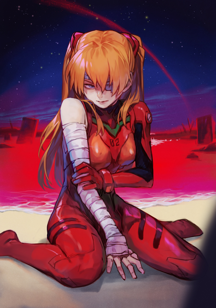 1girl arm_grab bandaged_arm bandages between_legs blue_sky bodysuit breasts brown_hair closed_mouth end_of_evangelion eyepatch fingernails hair_between_eyes hand_between_legs hankuri headgear hankuri lcl medium_breasts neon_genesis_evangelion one_eye_covered plugsuit red_bodysuit single_bare_shoulder sitting sky solo souryuu_asuka_langley star_(sky) starry_sky twintails violet_eyes wariza