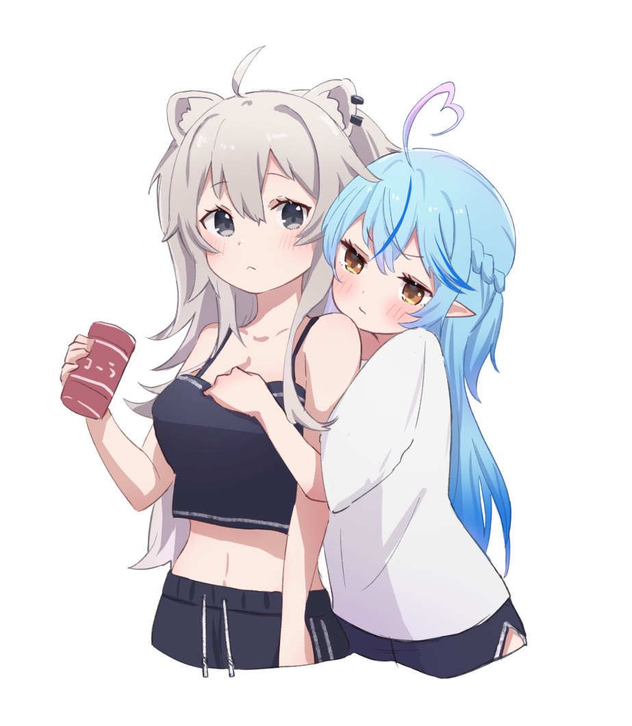 2girls ahoge animal_ears black_eyes blue_hair blush can closed_mouth commentary_request grey_hair holding holding_can hololive lion_ears lion_girl long_hair looking_at_viewer midriff multiple_girls navel sasaki_(glass1138) shirt shishiro_botan simple_background virtual_youtuber white_background white_shirt yellow_eyes yukihana_lamy